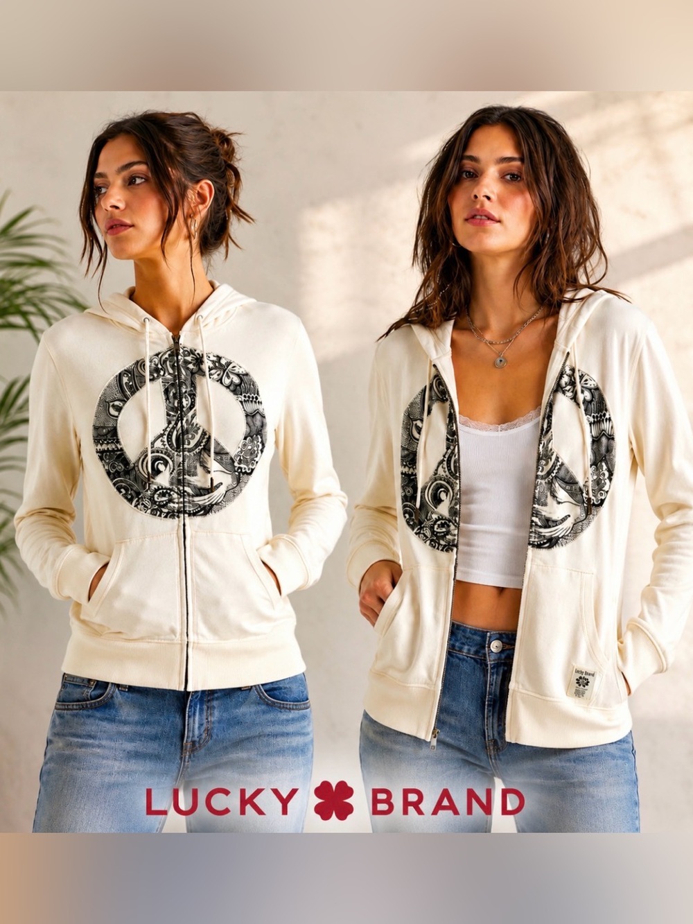 Lucky Brand Y2K Cream Black Paisley Peace Sign Full Zip Hoodie Womens XS Boho